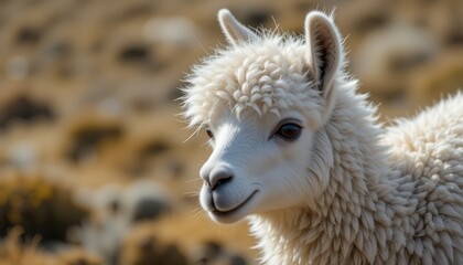 Obraz premium Lively baby alpaca portrait mountain pasture animal photography natural landscape close-up wildlife
