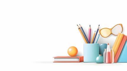 Colorful stationery and books on white background; ideal for education or back to school promotions