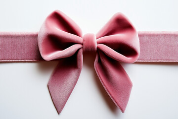 A pink velvet bow on a white background