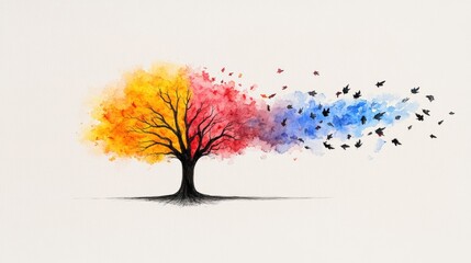 Naklejka premium Human Memory Loss Dementia Alzheimer's Disease Tree with Falling Leaves Watercolor Illustration on Pastel Background