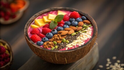 Healthy breakfast protein-rich concept. A colorful smoothie bowl topped with fresh fruits and nuts in a coconut shell.