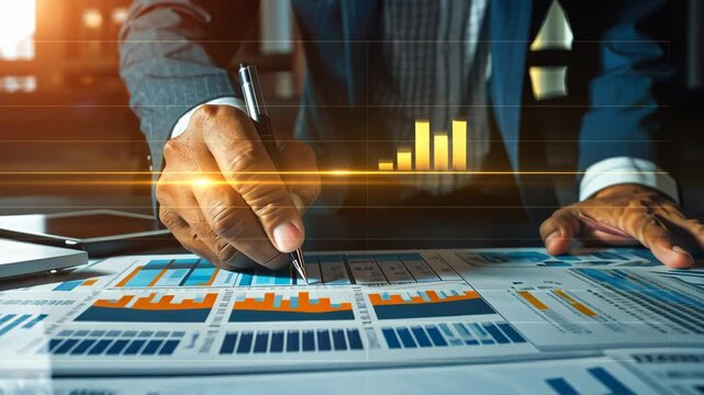 Business professional reviews financial charts and data to develop insights and strategies during a work session in an office
