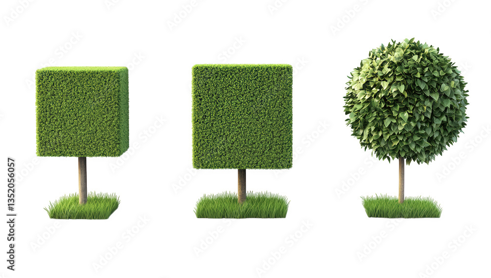 Aufkleber three stylized topiary trees a spherical one on the right a cube in the center and a rectangular one