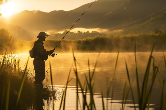 A solitary figure silhouetted against a golden sunrise is fishing in a serene lake. The early morning mist hangs low, creating a tranquil atmosphere with a scenic mountain backdrop. - Powered by Adobe