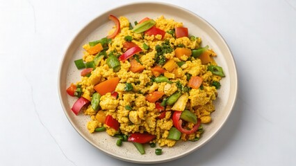 Healthy breakfast protein-rich concept. Colorful vegetable stir-fry served in a round plate, showcasing a variety of fresh ingredients.