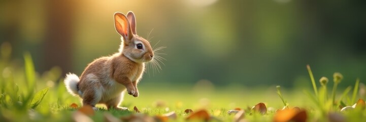 Obraz premium A comical rabbit balances on its back legs, tail twitching , adorable, posture, brown