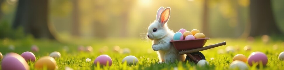 Obraz premium A fluffy bunny struggles with an overflowing wheelbarrow of Easter eggs , spring holiday, easter bunny photo, Easter themed photography