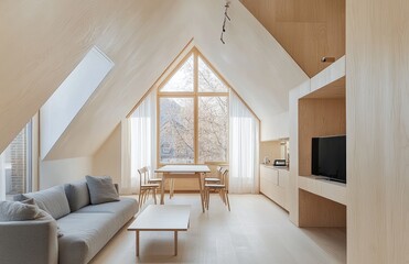 Fototapeta premium Stylish small apartment interior with an angled ceiling, featuring light wood flooring and white walls.