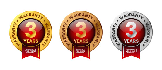 3 years warranty label. For icon, logo, insigna, seal, tag, sign, seal, symbol, badge, stamp, sticker, emblem, banner. Gold, silver and bronze glossy shiney medals with ribbon set vector illustration