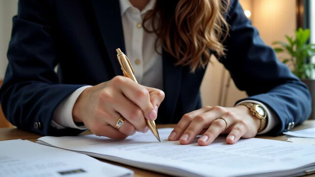 Professional businesswoman signing important documents in modern office setting