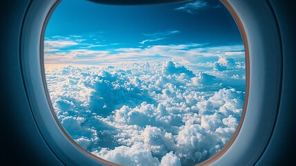 Naklejka premium Airplane window view of fluffy clouds and blue sky.