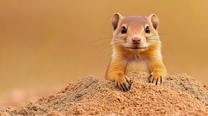 Fototapeta premium Curious ground squirrel peeking from sand mound in arid landscape; wildlife photography for nature documentaries