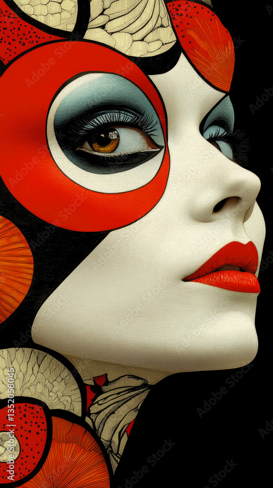 Poster abstract portrait with bold geometric features, makeup & patterns, rendered in striking color for ed