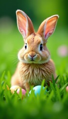 Obraz premium Fluffy Easter bunny hidden in tall green grass, lagomorph, hiddenbunny