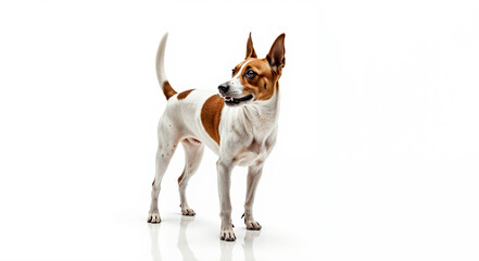 Fototapeta premium A spirited Rat Terrier, alert and poised, stands against a bright white background showcasing its striking red and white coat.
