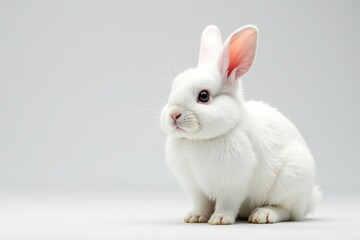 Obraz premium Fluffy white rabbit sits alone against pure white backdrop , easter, pet, white background