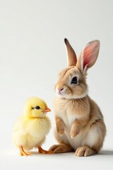 Obraz premium Happy Easter bunny beside tiny chick, pure white backdrop, spring, adorable