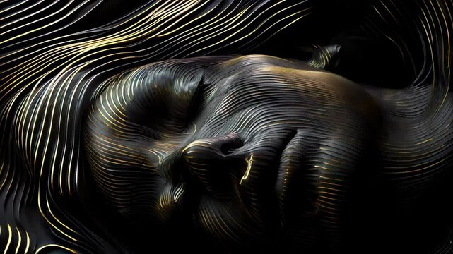 Abstract transformation of a textured human face with dynamic fluid lines and light patterns