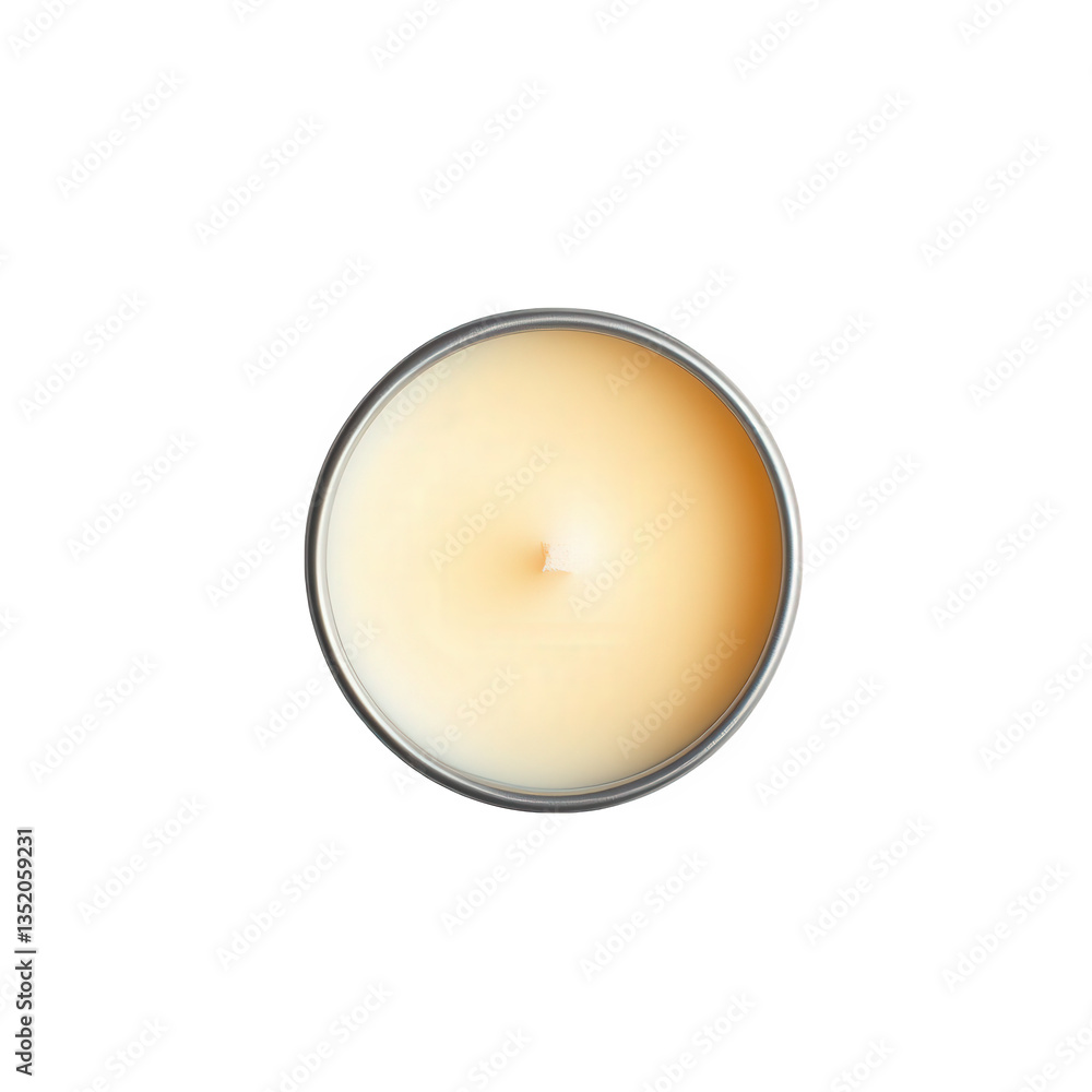 Poster a top-down view of a light-colored candle in a metallic tin container showcasing its smooth surface 