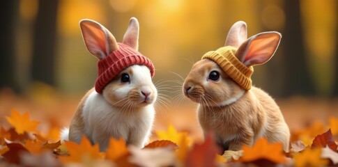 Playful rabbits in fall foliage, sporting handmade woolen hats , background, rabbits, knitted
