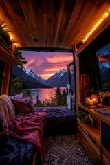 Summer Road Trip concept Cozy van interior with a stunning mountain sunset view through open doors.