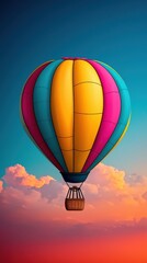 Fototapeta premium Embark on a colorful balloon journey through the air! Witness stunning sunrises and sunsets during your unforgettable flight, a thrilling travel adventure in the sky.