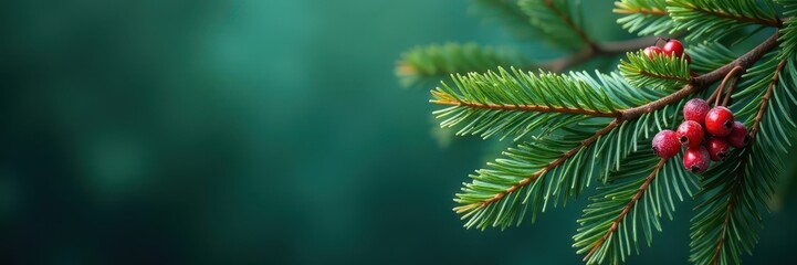 Fototapeta premium Deep emerald green pine boughs, frosted berries, natural, pine