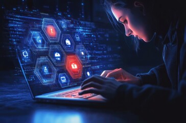 Futuristic Programming Interface with Holographic Technology Icons and Cyberpunk Aesthetics