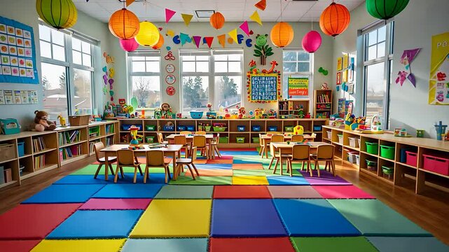 Bright Colorful Kindergarten Classroom with Educational Decor, Play Mats, Tables, Chairs, and Hanging Lanterns

