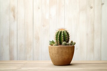 Fototapeta premium A detailed shot of a potted cactus with textured spines, arranged on a weathered wooden surface