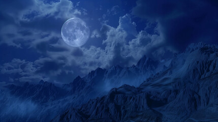 A serene night sky with a full moon and wispy clouds over mountains.