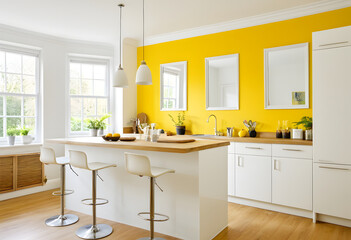 Fototapeta premium A bright yellow kitchen wall with a large white-framed mirror, reflecting the natural light from windows and enhancing the space.