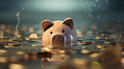 A piggy bank overwhelmed by a flood of financial paperwork and coins, partially hidden under a surface of water
