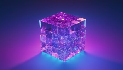 Crystal Cube: An illuminated transparent cube glows with an array of vibrant colors, highlighting its geometric precision and multifaceted design, set against a captivating color gradient backdrop.