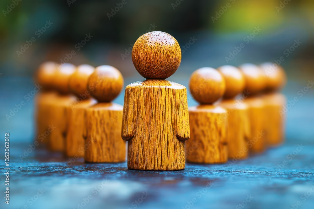 Poster wooden figures representing leadership and community with a focus on team dynamics and unity in a na