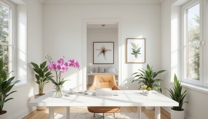 Fototapeta premium Modern office workspace with plants home office interior design bright environment aesthetic view