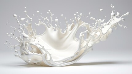 A side view of a splash of milk captured in mid-air, with the liquid forming an intricate pattern against a clean white backdrop
