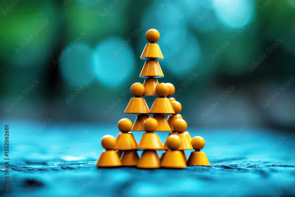 Poster arrangement of yellow game pieces forming a pyramid structure on a blurred background in a creative 