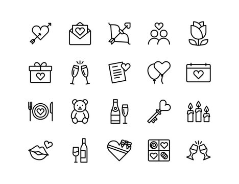 Valentine's Day Vector Icon Set | Adjustable Line Weight | Love, hearts, gift, romance, teddy bear, roses, champagne, candles, balloons, romantic dinner, wedding, affection, dating icons