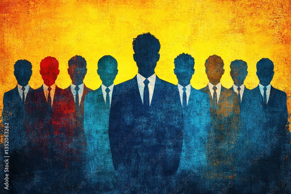 Poster abstract representation of diverse anonymous figures in business suits symbolizing teamwork, leaders