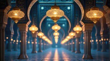 Fototapeta premium Glowing Lanterns Illuminate Majestic Arabian Palace Hallway