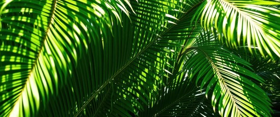 Lush green tropical palm leaves, sunlight dappled, travel, summer, plant texture