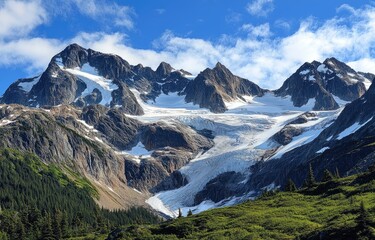 the snow-capped mountains in British Columbia, Canada. The peaks have dark gray rocks and white snowy tops with some green trees growing on them.