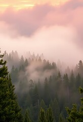 Misty sunrise paints spruce trees descending into a fog-shrouded coniferous forest, tranquil, golden hour