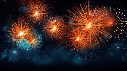 Fototapeta premium A vibrant burst of orange fireworks illuminating the night sky with a deep blue background