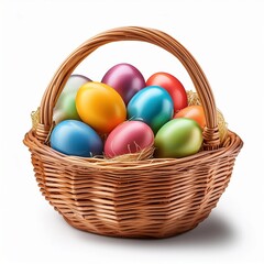 Colorful easter eggs in wicker basket isolated on white background