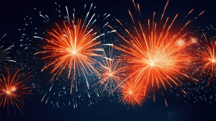 A wide shot of radiant orange fireworks against a clear deep blue background showcasing the celebration in the night sky