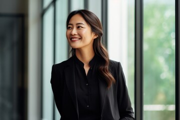 Asian business woman in a sleek blouse, standing by a window in a contemporary office, smiling while holding a smartphone