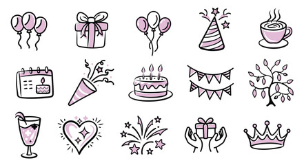 Pink Birthday Celebration Doodles Set