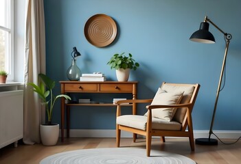 A bedroom with a blue wall, a wooden floor, a bed with blue sheets, a wooden table with a lamp and a vase with flowers 